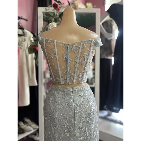 Ellie Wilde by Mon Cheri 2 pc Prom Dress Set Cropped Blue Lace Shimmer M - Picture 8 of 12